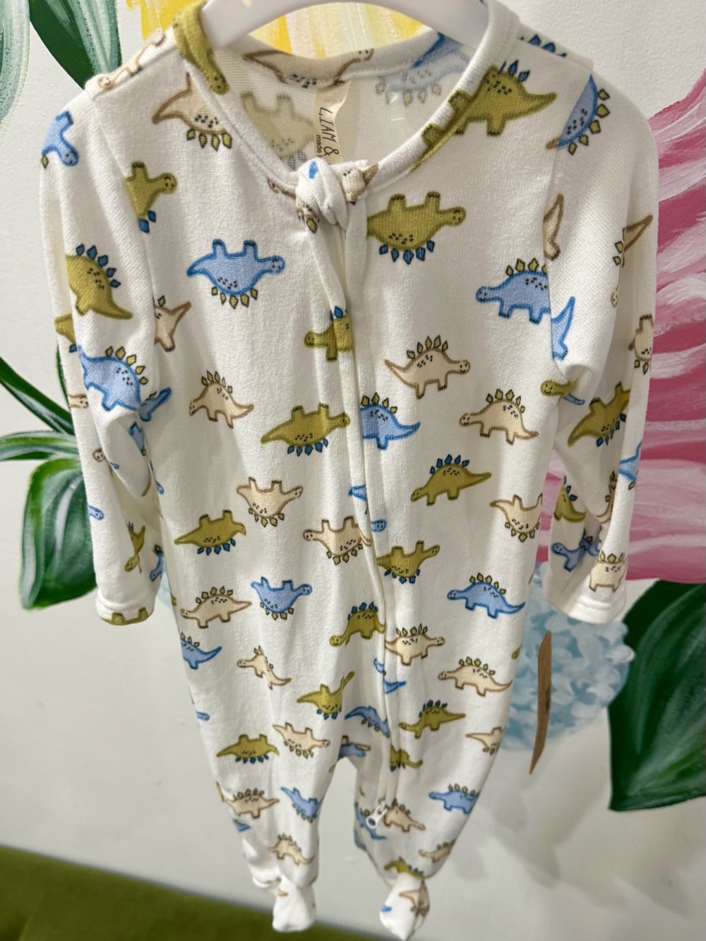 Kids Dino Footed One-Piece Pajama - Blue & Green on White